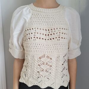 Zara Cream Knit Blouse with Puff Sleeves Small